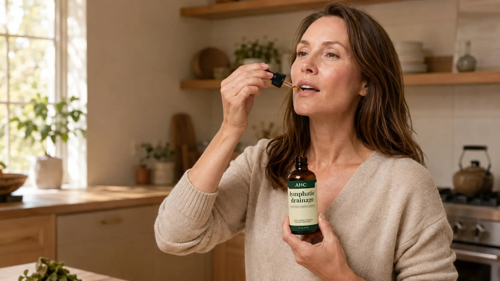 Woman adding AHC botanical drops to her morning routine
